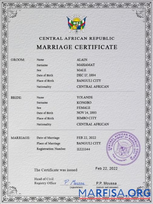 Downloadable Central African Republic marriage certificate PSD template